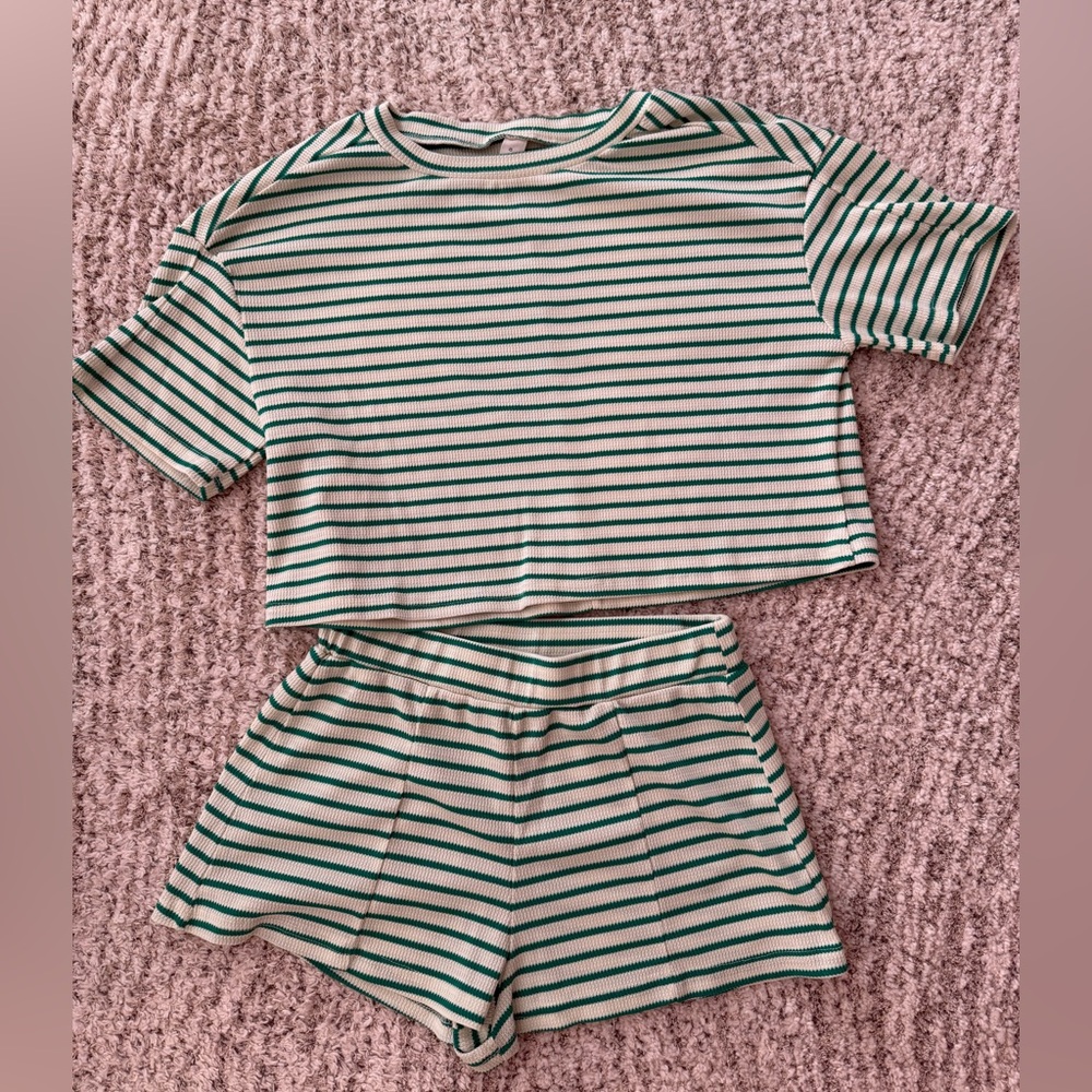 Green and White Striped Women's Set